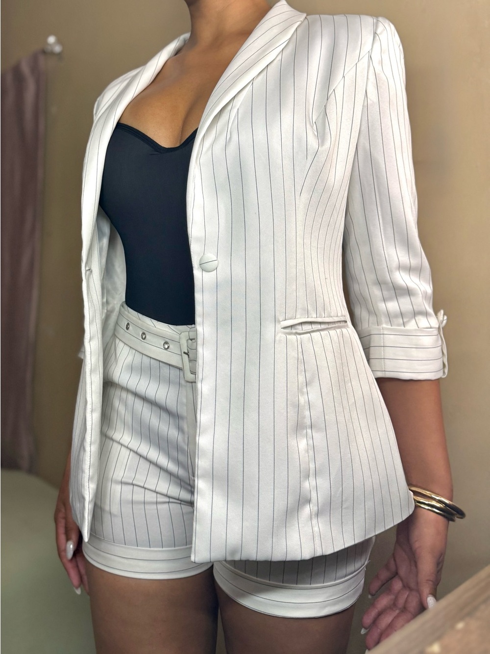 White CEFIAN Pinstripe Blazer & Belted Shorts 2-Piece Set - Picture 2 of 7